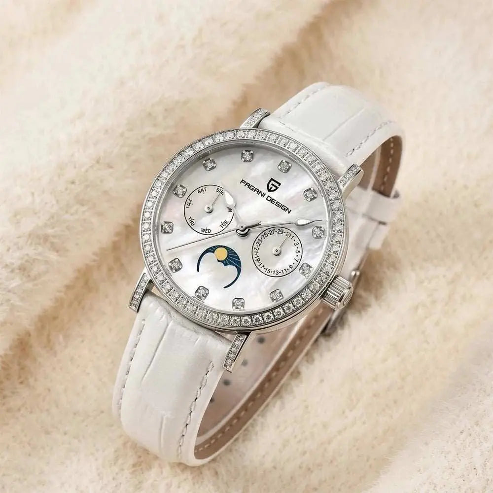 PAGANI DESIGN Women Quartz Watch Mop Dial Diamond Bezel Moon Phase Week Date Multi-function 50M Waterproof White Leather watch Khamik Shop Online