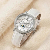PAGANI DESIGN Women Quartz Watch Mop Dial Diamond Bezel Moon Phase Week Date Multi-function 50M Waterproof White Leather watch Khamik Shop Online