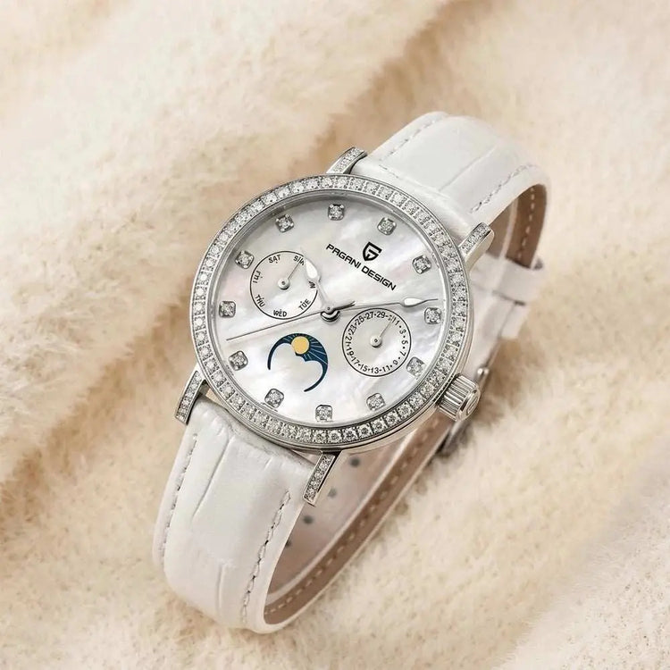 PAGANI DESIGN Women Quartz Watch Mop Dial Diamond Bezel Moon Phase Week Date Multi-function 50M Waterproof White Leather watch Khamik Shop Online