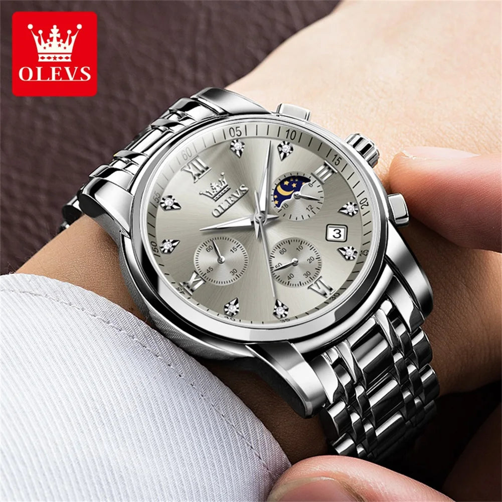 OLEVS 2858 Quartz Watch for Men Classic Three Eye Chronograph Small Dial 24 Hour Moon Phase Luxury Original Men&
