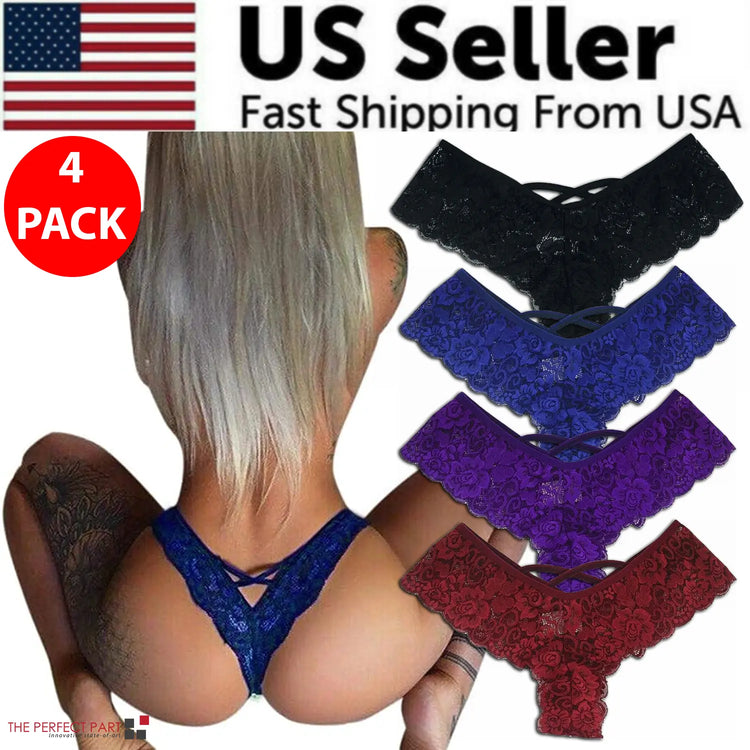 4 Pack Women Sexy Lace Underwear Lingerie Panties G-String Brief Thong Puce Gaia