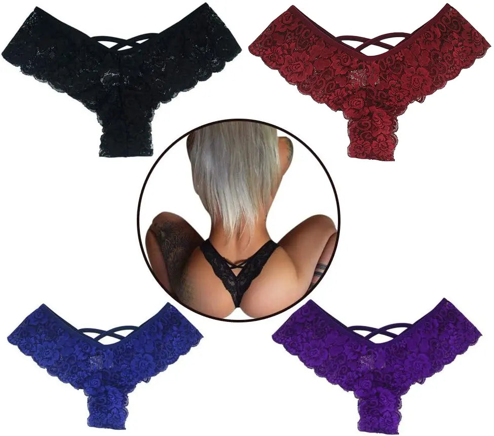 4 Pack Women Sexy Lace Underwear Lingerie Panties G-String Brief Thong Puce Gaia