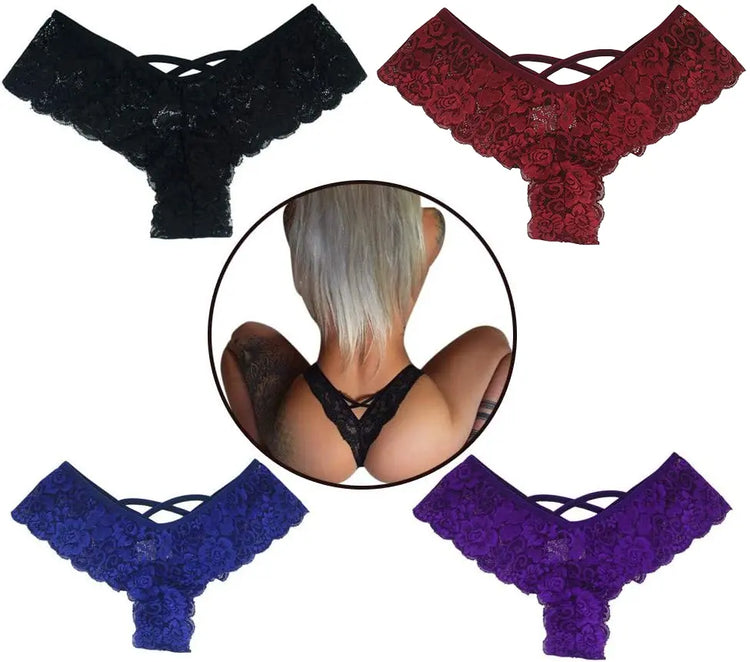 4 Pack Women Sexy Lace Underwear Lingerie Panties G-String Brief Thong Puce Gaia