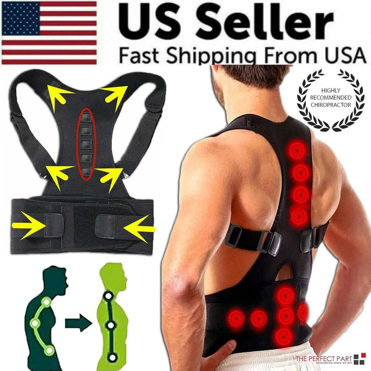 Correcteur de posture noir avec support magnétique et sangles ajustables pour dos et épaules.
