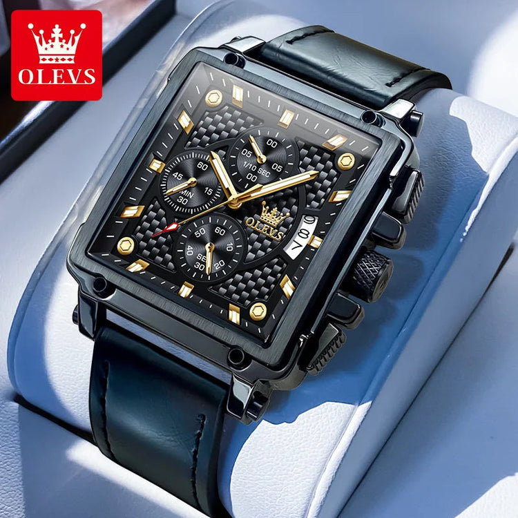 OLEVS brand mens watches waterproof Leather strap chronograph quartz watch for man date gold square dial genuine male wristwatch Khamik Shop Online