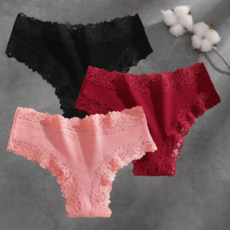 3Pcs Cotton Lace Patchwork Bikini Panties Women Seamless Floral Print Brazilian Pants Low Waist Breathable Female Sexy Lingerie Khamik Shop Online