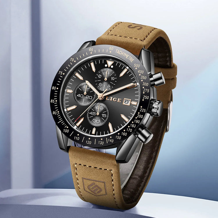 LIGE Leather Watches Men Fashion Business 30M Waterproof Quartz Wristwatch Chronograph Date Luxury Luminous Sports Man Watch+Box Khamik Shop Online