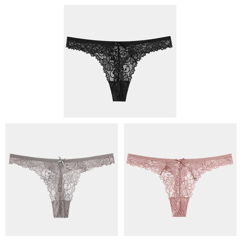 3Pcs/Lot Sexy Lace Thong Low Waist Lace Transparent Panties Women Hollow Out Breathable G String Briefs Bow Underwear Lingerie