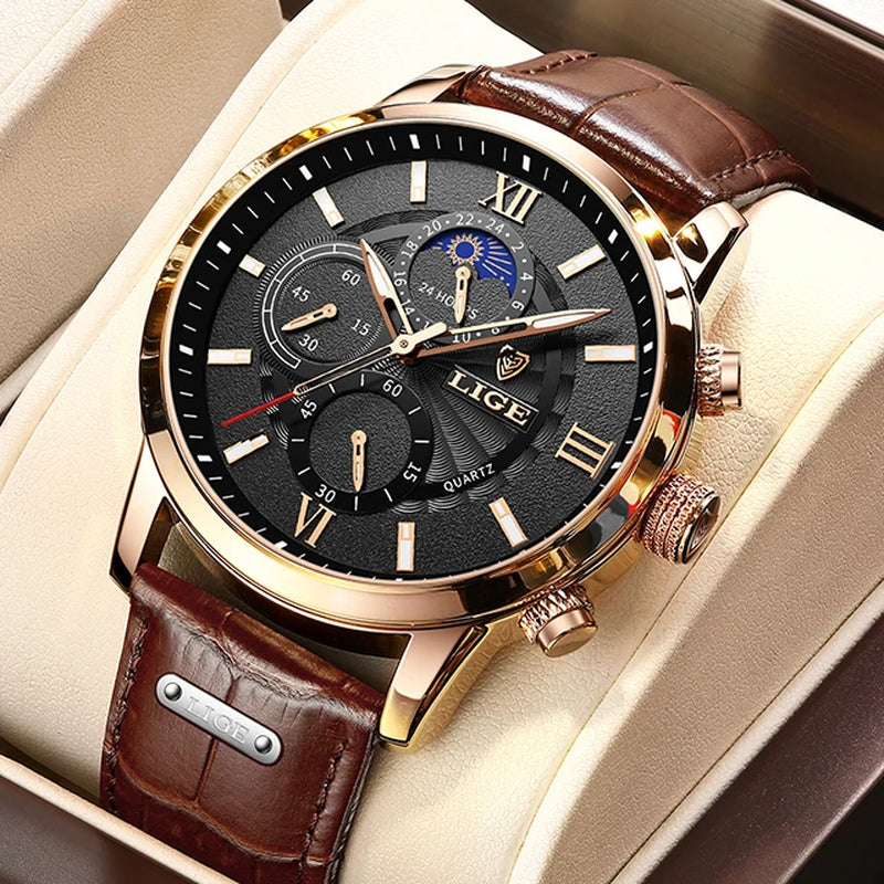 2026  Watches Mens Top Brand Luxury Clock Casual Leathe 24Hour Moon Phase Men Watch Sports Waterproof Quartz Chronograph+Box