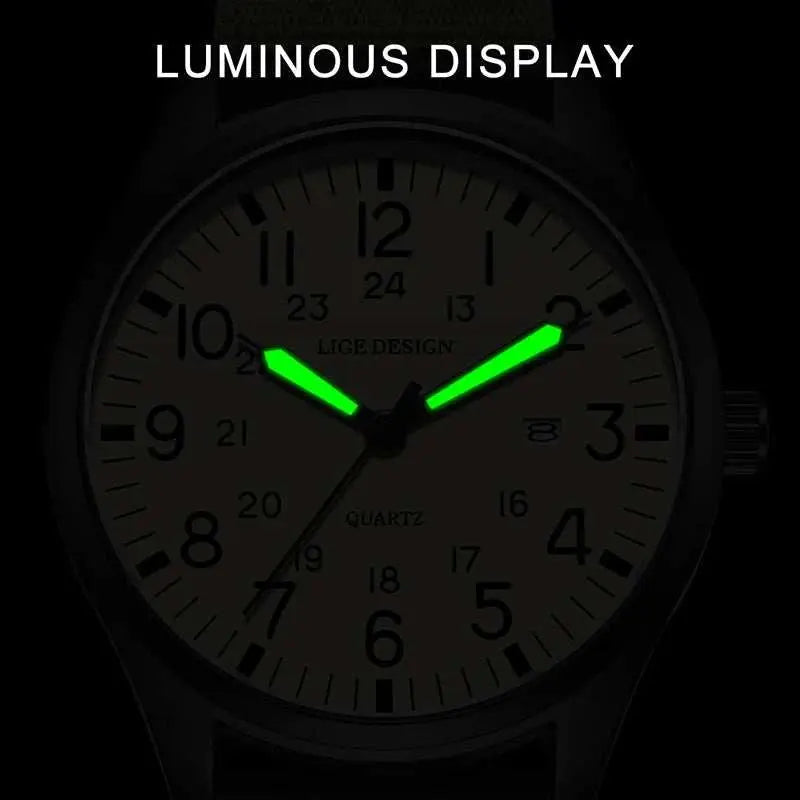 LIGE 2025 TOP NEW quartz wristwatch Arabic Watch for Men Luminous Green Nylon Luxury Leather Wrist Men Watch Montre Homme+BOX Khamik Shop Online