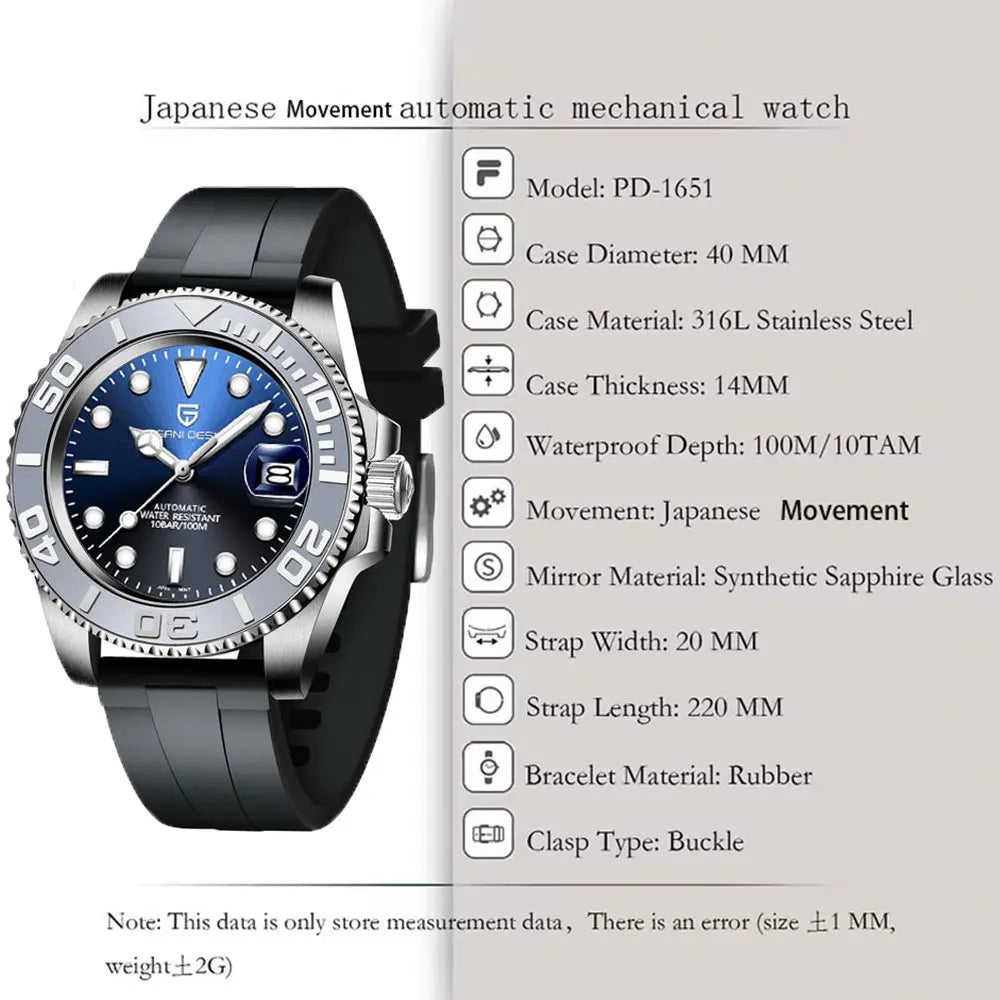 PAGANI DESIGN New Automatic Mens Watch Sapphire Glass 40mm Mechanical Watch Stainless Steel 100M Waterproof Clock Watch Men Gift Khamik Shop Online