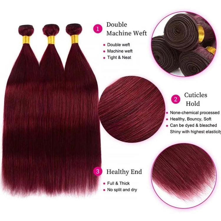 Extensions de cheveux humains brésiliens raides couleur bordeaux 