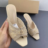 2026 Summer Sandals Weave Pearl Mule Heels for Women Nude Square Toe High Heel Sandal Elegant Backless Fashion Stiletto Footwear Khamik Shop Online