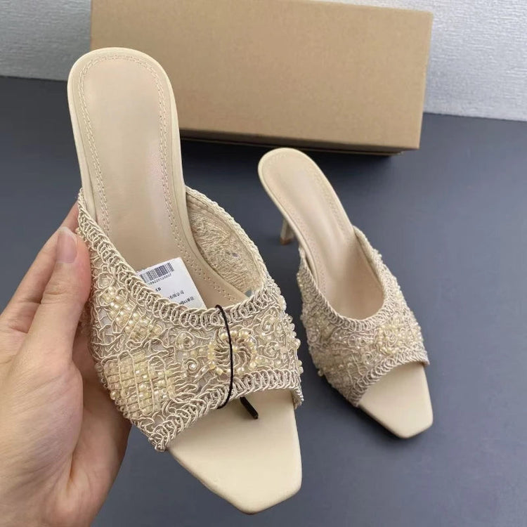 2026 Summer Sandals Weave Pearl Mule Heels for Women Nude Square Toe High Heel Sandal Elegant Backless Fashion Stiletto Footwear Khamik Shop Online