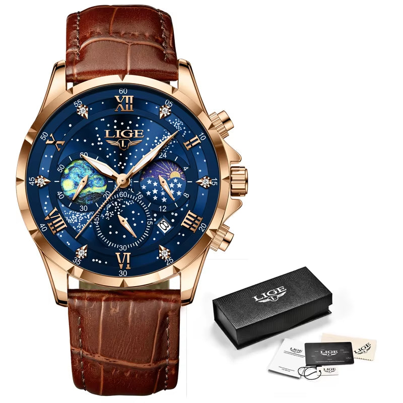 New  Mens Watch Luxury Moon Phase Waterproof Date Clock Casual Blue Leather Quartz Wristwatches Men Chronograph Reloj Hombre