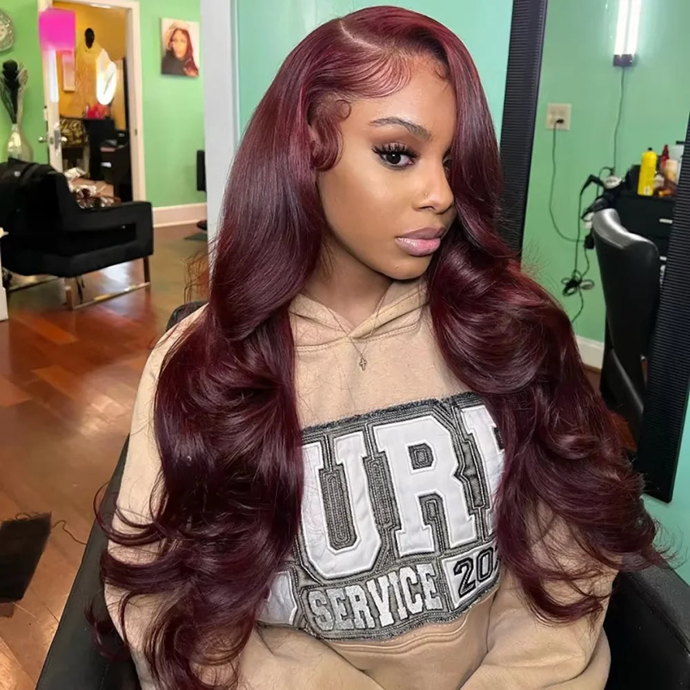 99J Burgundy Red 34 Inch Body Wave Lace Front Wigs 13x4 HD Transparent Human Hair Pre Plucked Dark Burgundy 99J Colored Wig 13x6 Lace  Wigs Pre-Plucked Body Wave Hairstyle For Women Khamik Shop Online