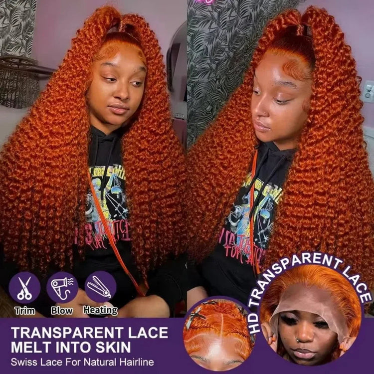 200% Density Ginger Orange Deep Wave Human Hair Wig 13x6 Hd Lace Front Human Hair Wig 
