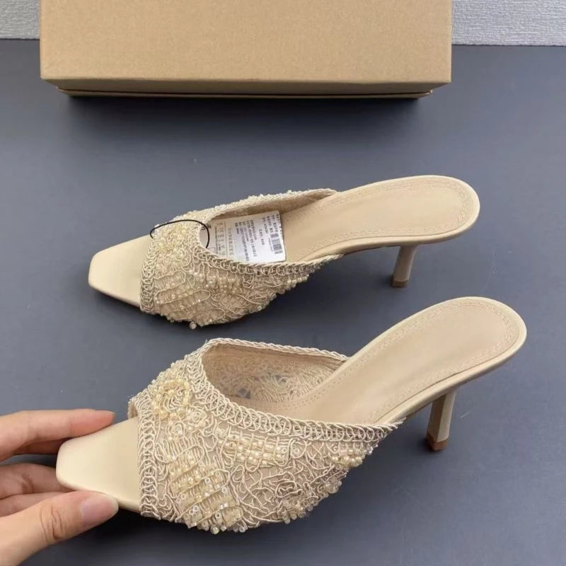 2026 Summer Sandals Weave Pearl Mule Heels for Women Nude Square Toe High Heel Sandal Elegant Backless Fashion Stiletto Footwear Khamik Shop Online
