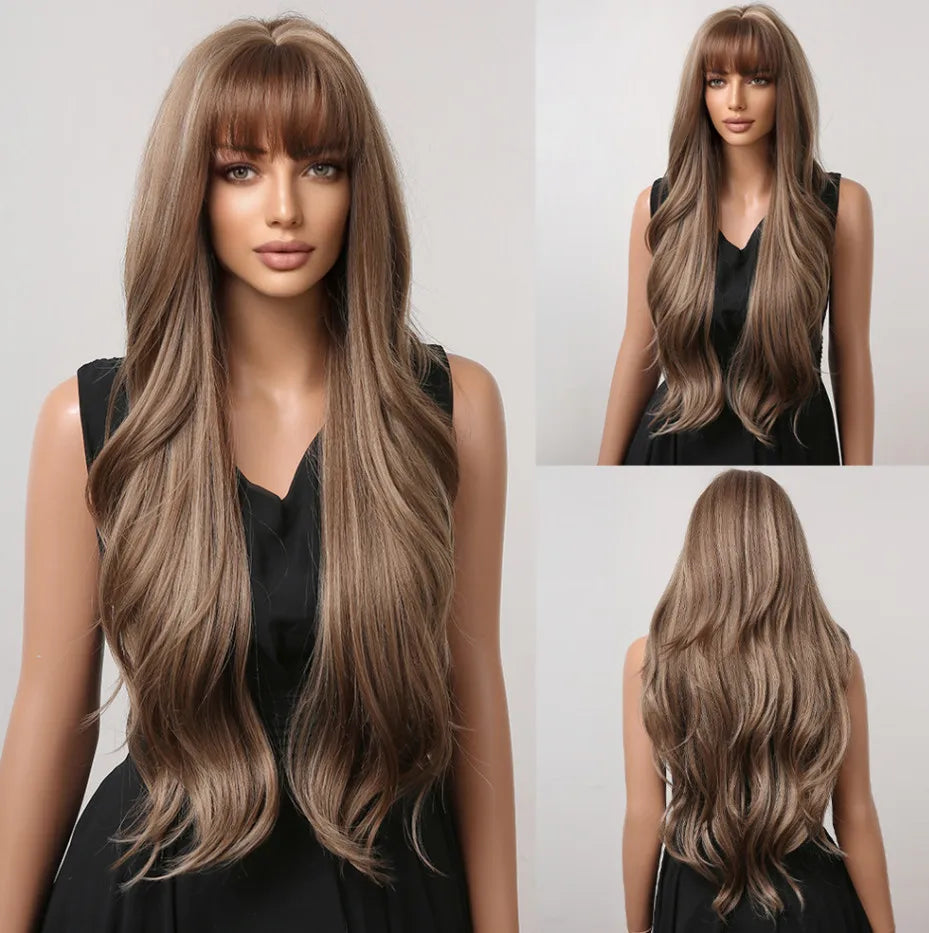 LOUIS FERRE Long Wavy Ombre Brown Wig with Bangs Synthetic Hair Wig Heat Resistant Daily Wear Office Party Cosplay Halloween Khamik Shop Online
