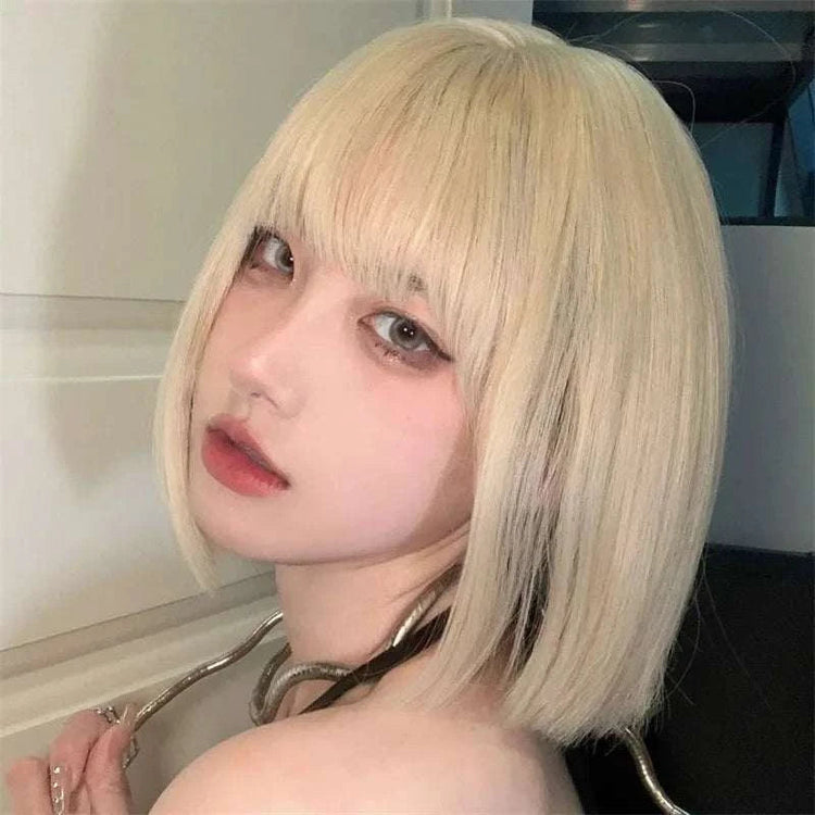 Light blonde fashion synthetic wig Short female Bob hair Female short straight high temperature silk wig head cover Khamik Shop Online