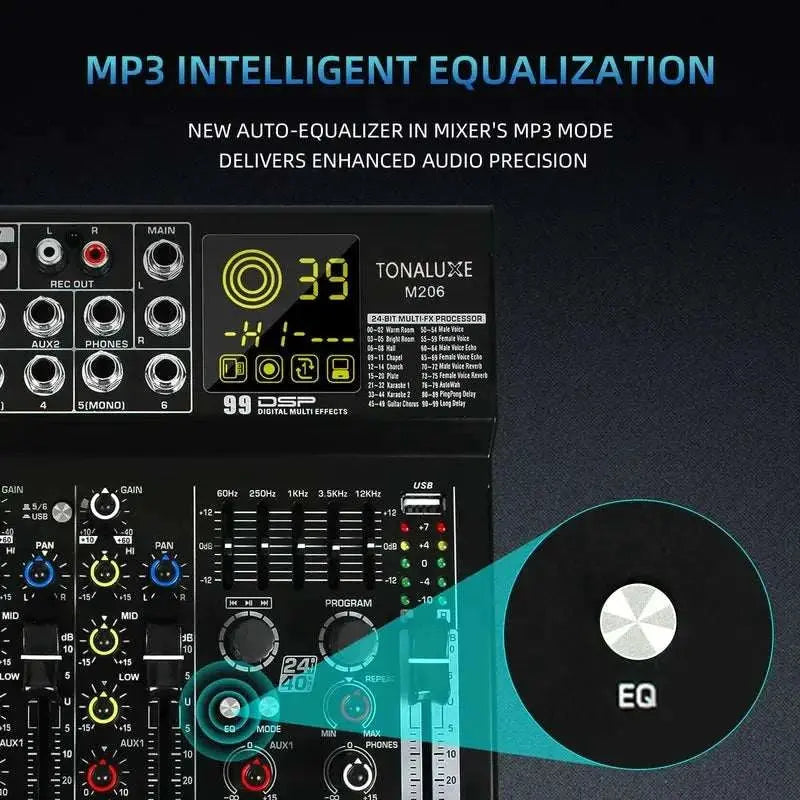 Fuluode M206/M208 Audio mixer 99 Preset DSP Effects 7-Band EQ Adjustment on Main Output Bluetooth USB MONO Input Connectivity Khamik Shop Online