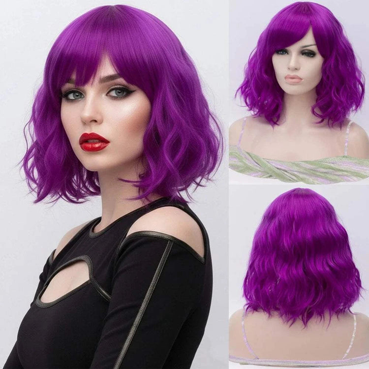 Short Purple Wavy Synthetic Wig With Side Bangs for Women Daily Cosplay Party Wear Khamik Shop Online