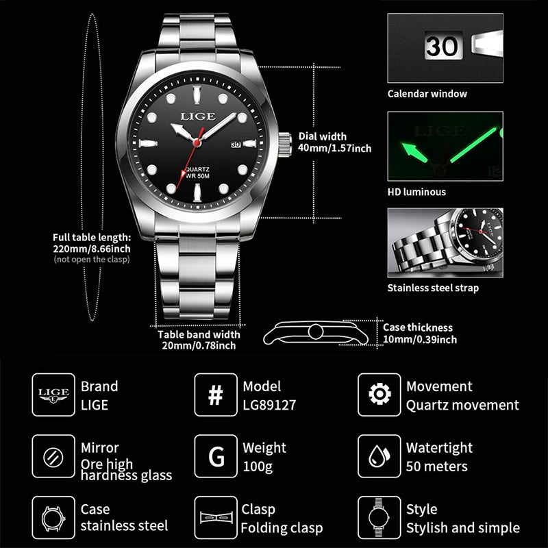 Top Brand Luxury Mens Watch Casual Fashion Quartz Wristwatches Sport 50M Waterproof Luminous Steel Watches Men Reloj Hombre