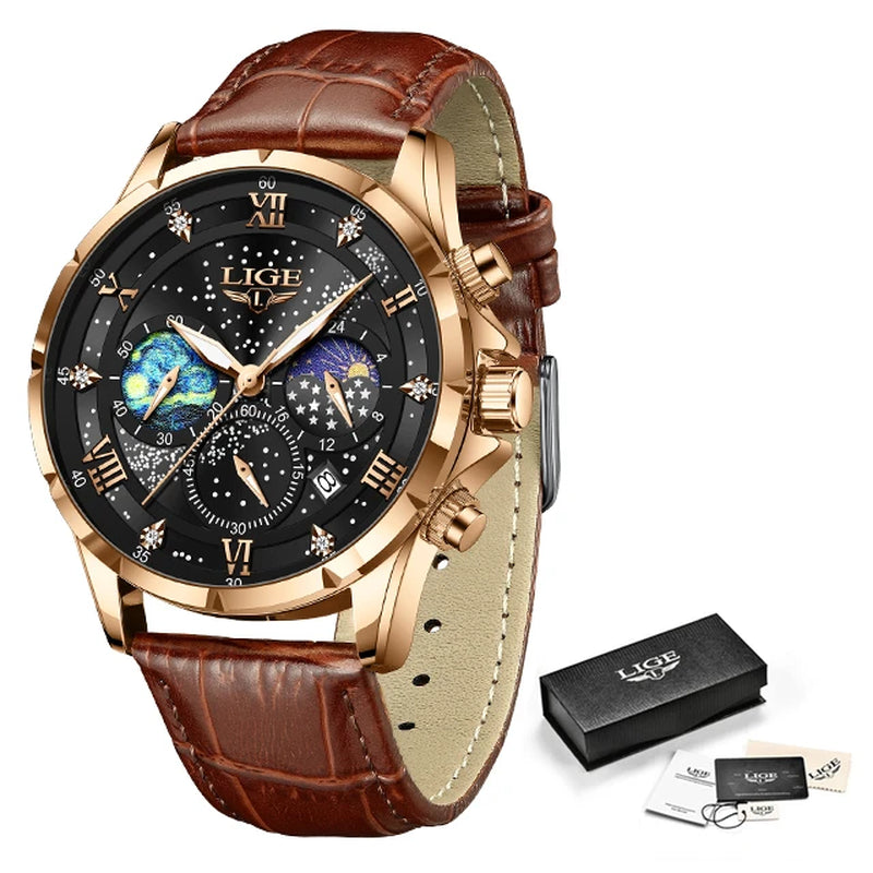 2024  Men'S Watch Luxury Waterproof Male Clock Moon Phase Date Casual Blue Leather Quartz Chronograph Men'S Wristwatch Reloj