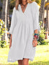 Cotton And Linen Dress For Women 2024 Autumn 3/4 Sleeve Casual Loose Solid Color V-neck Midi Dresses Elegant Women&