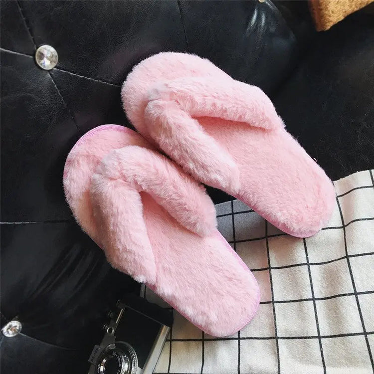 Cross Warm Fluffy Furry Slippers Women Lightweight Flat Heels Fur Slides Woman Autumn Winter Open Toe Non Slip Home Floor Shoes Khamik Shop Online