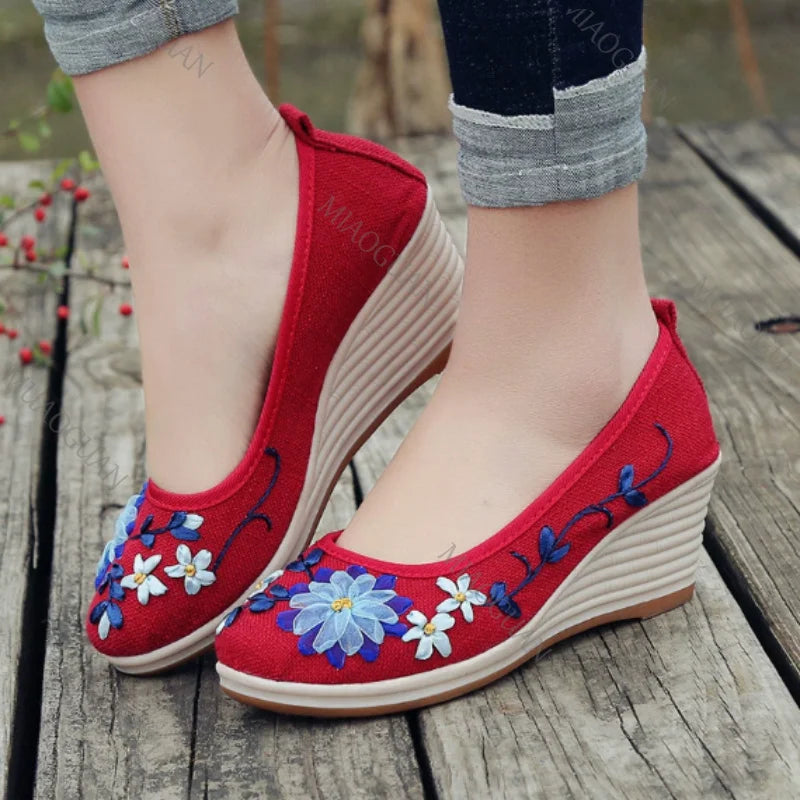 Embroidered Women Comfort Wedge Platform Shoes Fashion Bowknot Ladies High Heels Pumps Vintage Ethnic Female Heeled  Footwears Khamik Shop Online