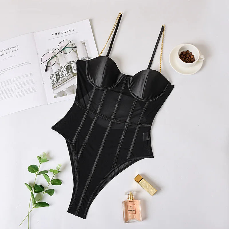 Sexy Lingerie for Women Mesh Erotic Babydoll Bodysuit With Chain Straps Teddy Erotic Dress for Sex Lenceria Costumes Khamik Shop Online