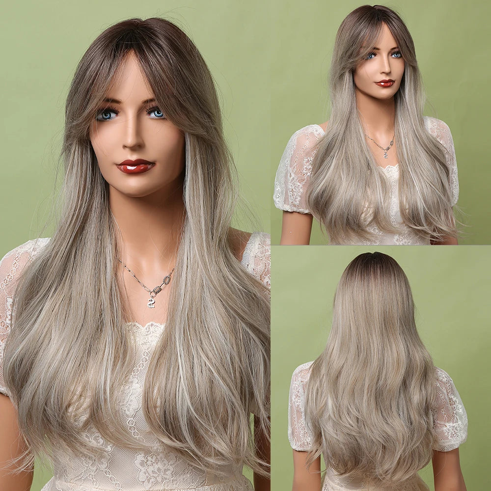 LOUIS FERRE Long Wavy Ombre Brown Wig with Bangs Synthetic Hair Wig Heat Resistant Daily Wear Office Party Cosplay Halloween Khamik Shop Online