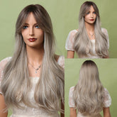 LOUIS FERRE Long Wavy Ombre Brown Wig with Bangs Synthetic Hair Wig Heat Resistant Daily Wear Office Party Cosplay Halloween Khamik Shop Online