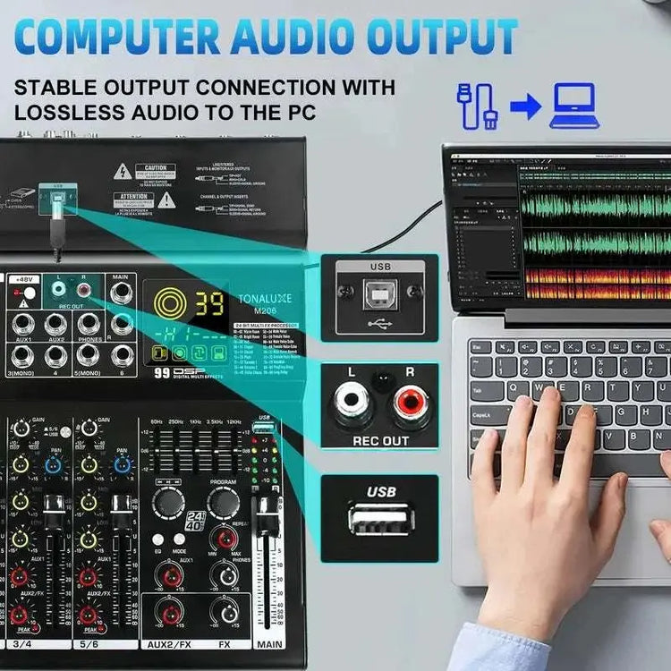 Fuluode M206/M208 Audio mixer 99 Preset DSP Effects 7-Band EQ Adjustment on Main Output Bluetooth USB MONO Input Connectivity Khamik Shop Online