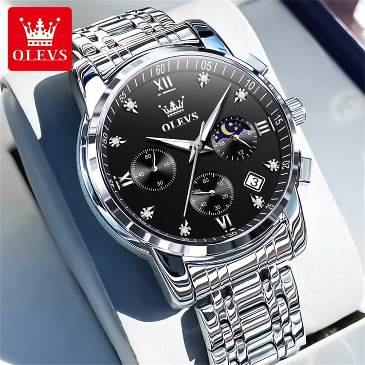 OLEVS 2858 Quartz Watch for Men Classic Three Eye Chronograph Small Dial 24 Hour Moon Phase Luxury Original Men&