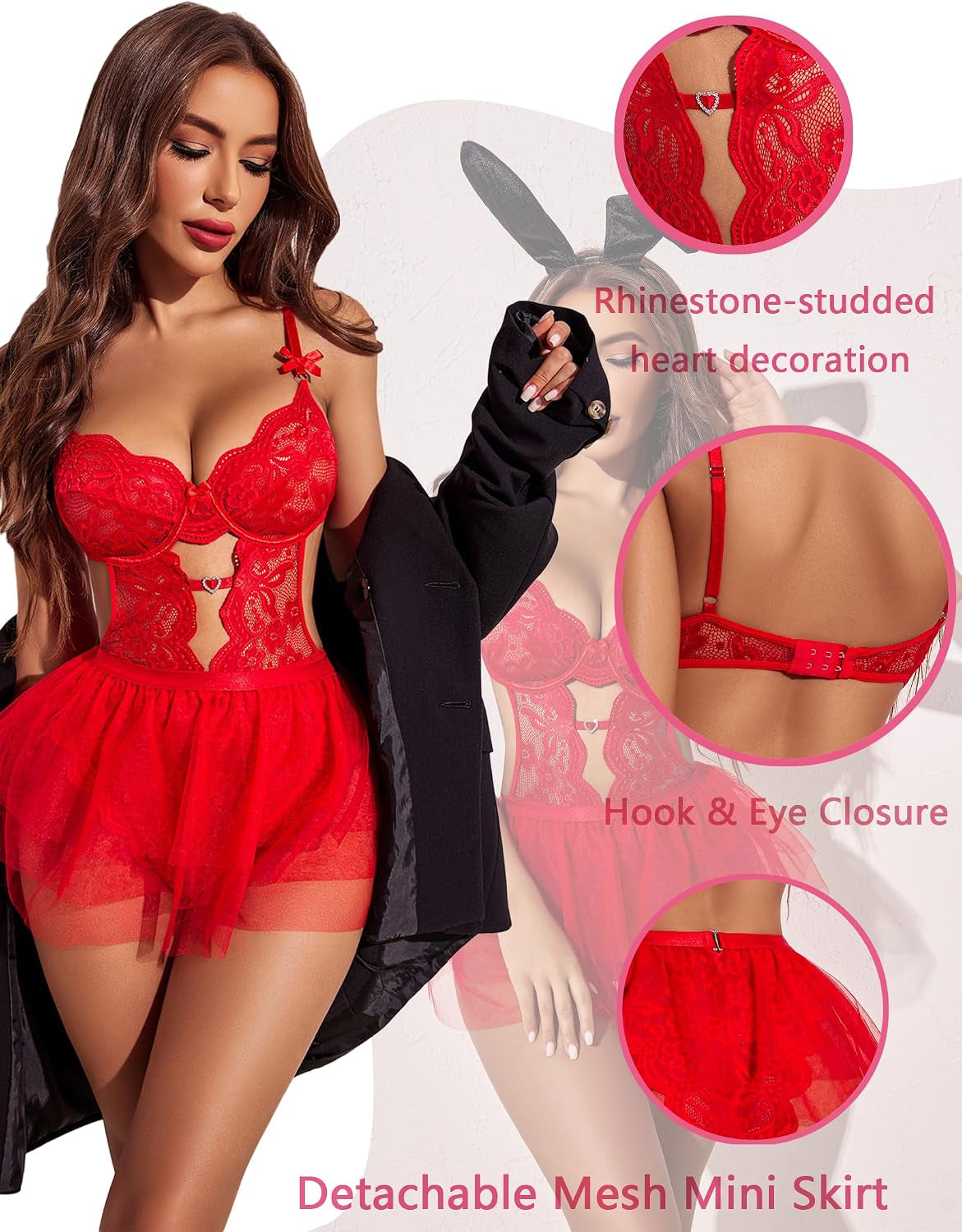 Sexy Lingerie Set Lace Underwired Bodysuit with Detachable Mesh Mini Skirt Push up Teddy Lingerie