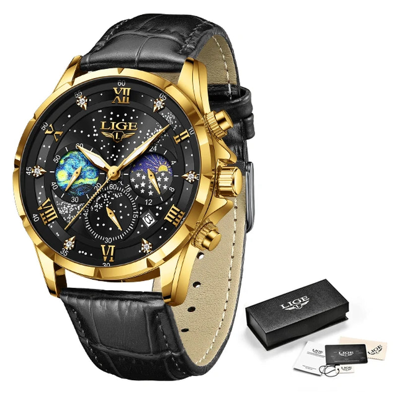 2024  Men'S Watch Luxury Waterproof Male Clock Moon Phase Date Casual Blue Leather Quartz Chronograph Men'S Wristwatch Reloj