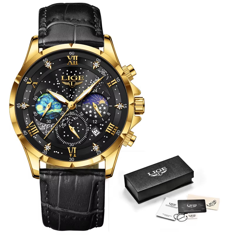 New  Mens Watch Luxury Moon Phase Waterproof Date Clock Casual Blue Leather Quartz Wristwatches Men Chronograph Reloj Hombre