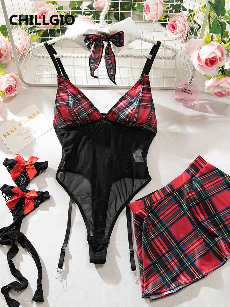 CHILLGIO Women Plaid Print Bodysuits Skirts 4 Pieces Sets Fashion Erotic Cosplay One Pieces Combination Strappy Rompers Lingerie Khamik Shop Online