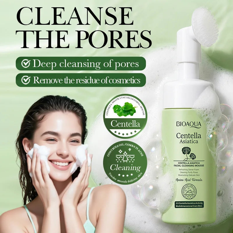 BIOAQUA Centella Asiatica Facial Mousse with Brush Deep Cleansing Pores Remove Cosmetic Residue Oil Control Gentle Face Cleanser