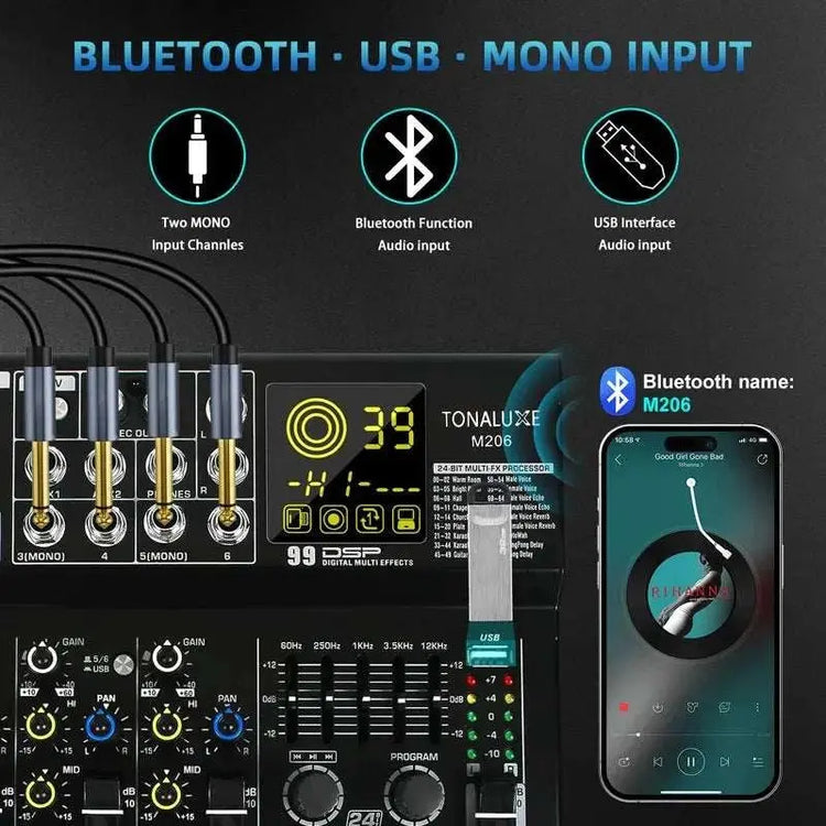 Fuluode M206/M208 Audio mixer 99 Preset DSP Effects 7-Band EQ Adjustment on Main Output Bluetooth USB MONO Input Connectivity Khamik Shop Online