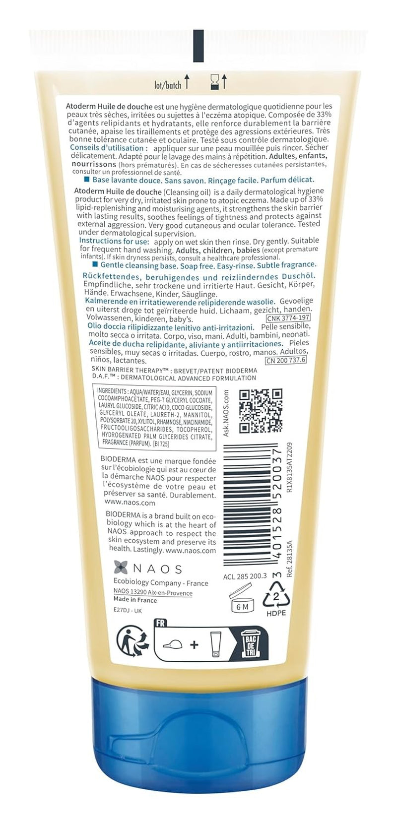Bioderma Atoderm Shower Oil, Cleansing Oil for Face & Body, Nourishing Cleansing