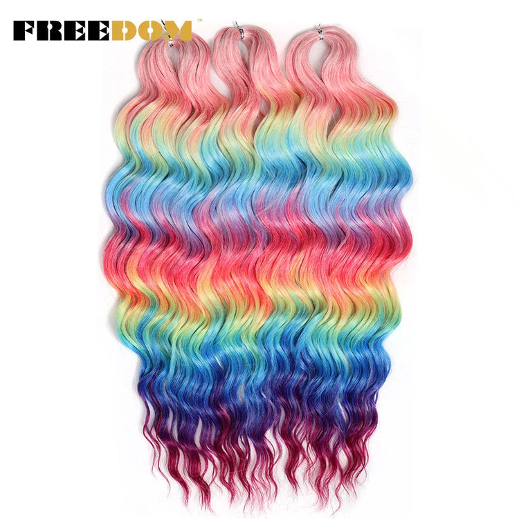FREEDOM Synthetic Curly Braiding Hair Extensions 24 Inch/60 cm Long Deep Wavy Twist Crochet Braids Hair Ombre Brown Rainbow Hair Khamik Shop Online