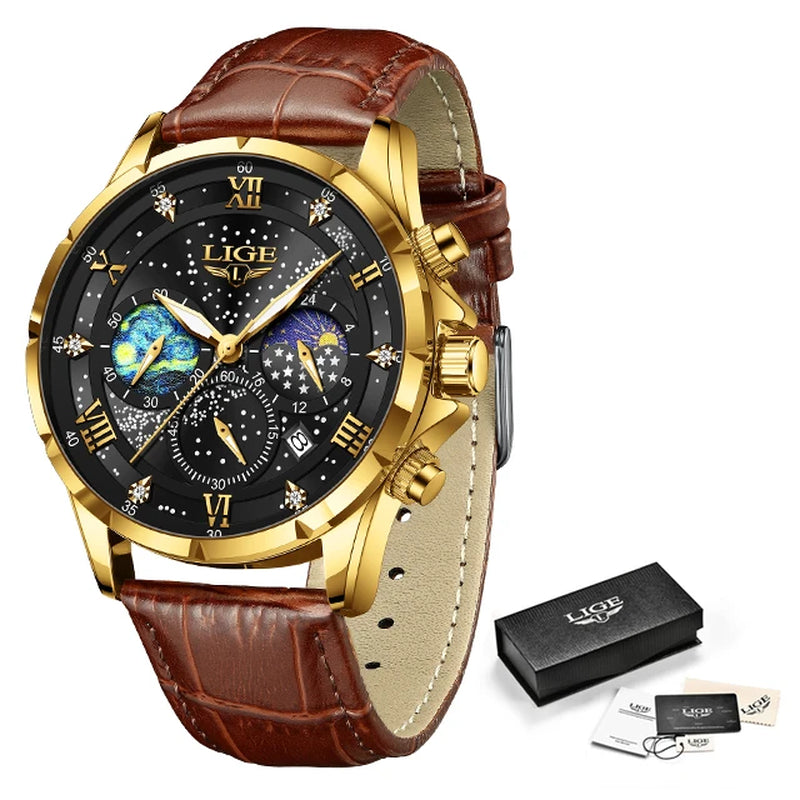 2024  Men'S Watch Luxury Waterproof Male Clock Moon Phase Date Casual Blue Leather Quartz Chronograph Men'S Wristwatch Reloj