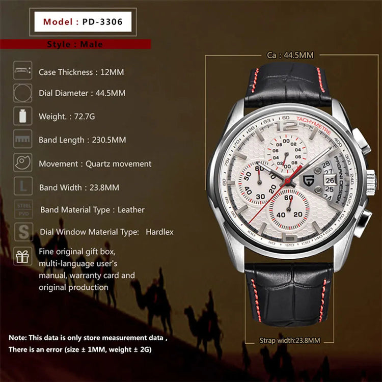 PAGANI DESIGN New PD-3306 Chronograph Men Watch Top Brand Classic Leather Waterproof Quartz Wristwatch for Man Gift Reloj Hombre Khamik Shop Online