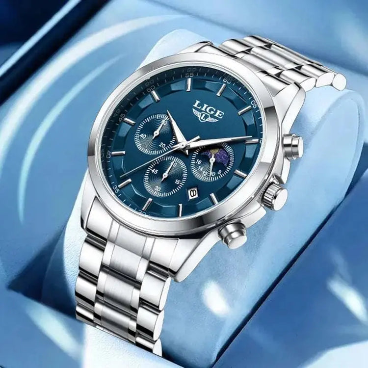 LIGE Luxury Fashion Quartz Man Watch Classic Business Auto Date Gentlemen Steel Band Moon Phase Waterproof Watches for Men Male Khamik Shop Online