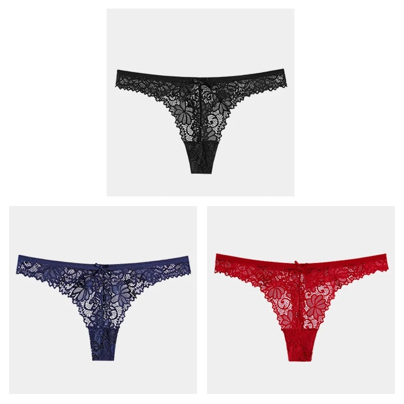 3Pcs/Lot Sexy Lace Thong Low Waist Lace Transparent Panties Women Hollow Out Breathable G String Briefs Bow Underwear Lingerie