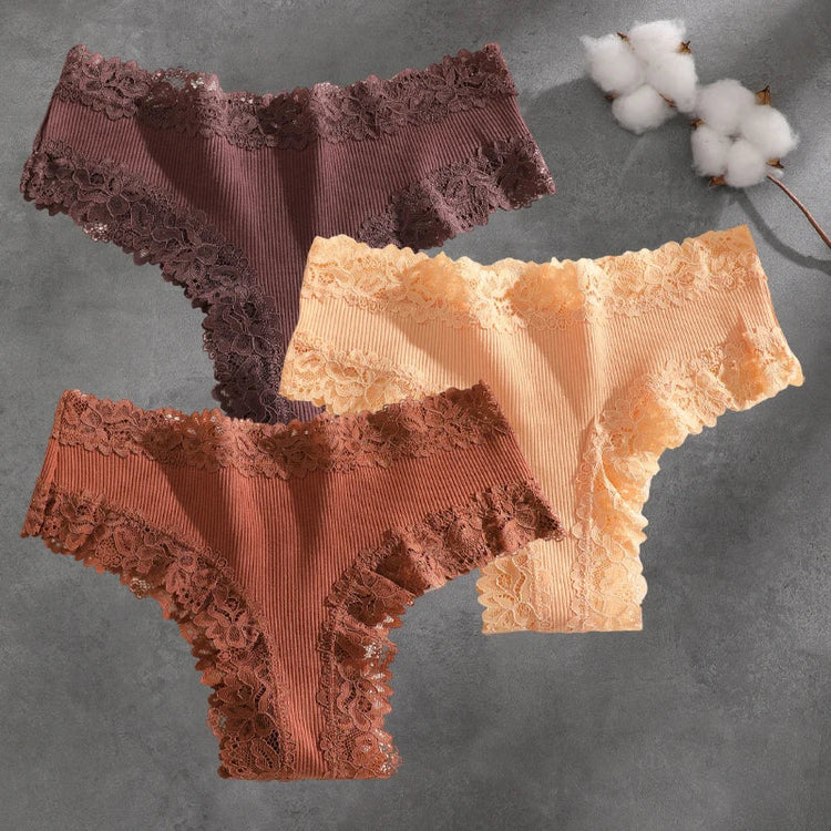 3Pcs Cotton Lace Patchwork Bikini Panties Women Seamless Floral Print Brazilian Pants Low Waist Breathable Female Sexy Lingerie Khamik Shop Online