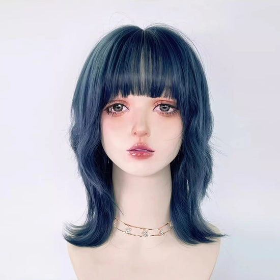 Synthetic Short Curly Blue Mullet Head Wig With Bangs Women Cosplay Anime Realistic Fake Hair For Daily Party Khamik Shop Online
